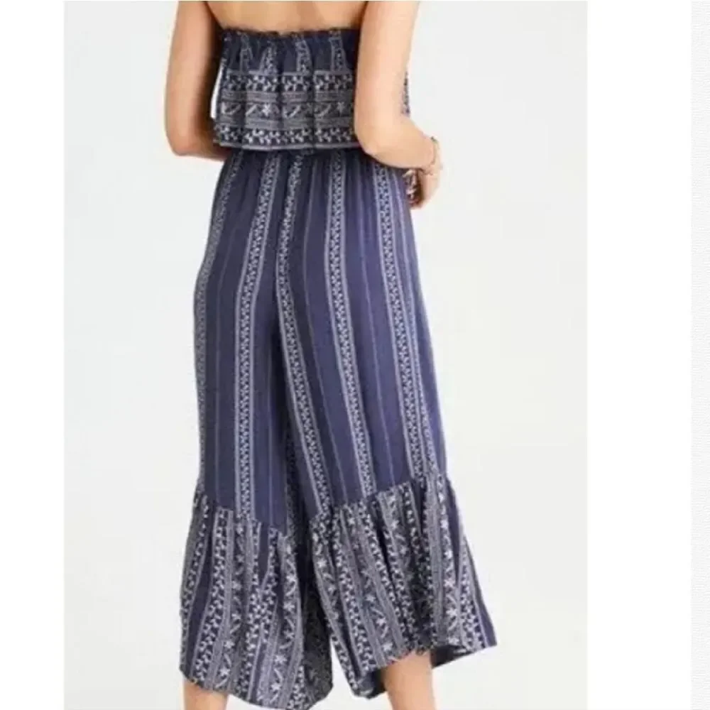 Japna Blue Striped Strapless Ruffle Top Boho‎ Crop Flare Jumpsuit Large